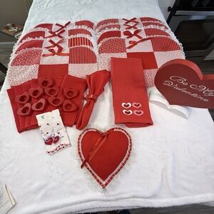Vintage Valentine Table Decor Lot Quilted Placemats Napkins Heart Rings Lace